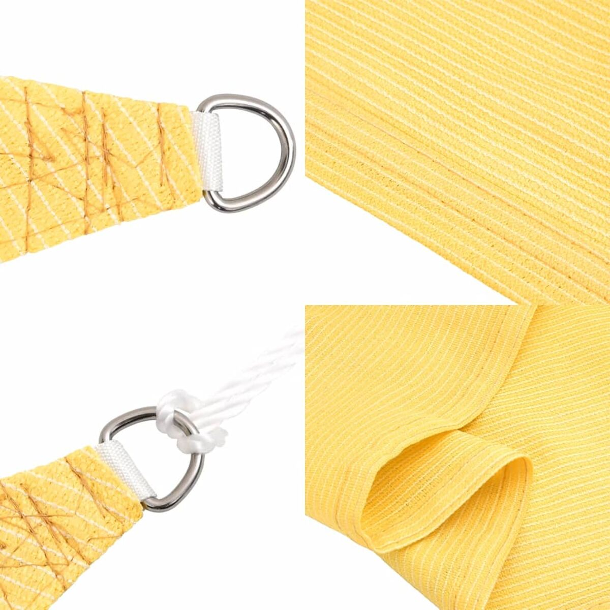 Nahaufnahme von gelbem Sonnenschirmstoff mit Ringen und Stoffdetails.