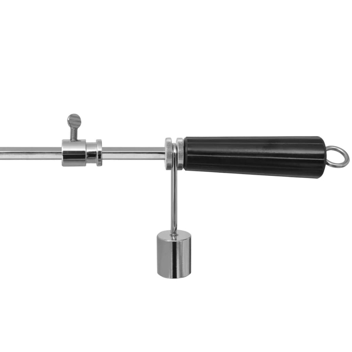 Ein chromfarbenes Instrument mit schwarzem Griff und einem kleinen Metallgewicht, das an einer Stange befestigt ist.
