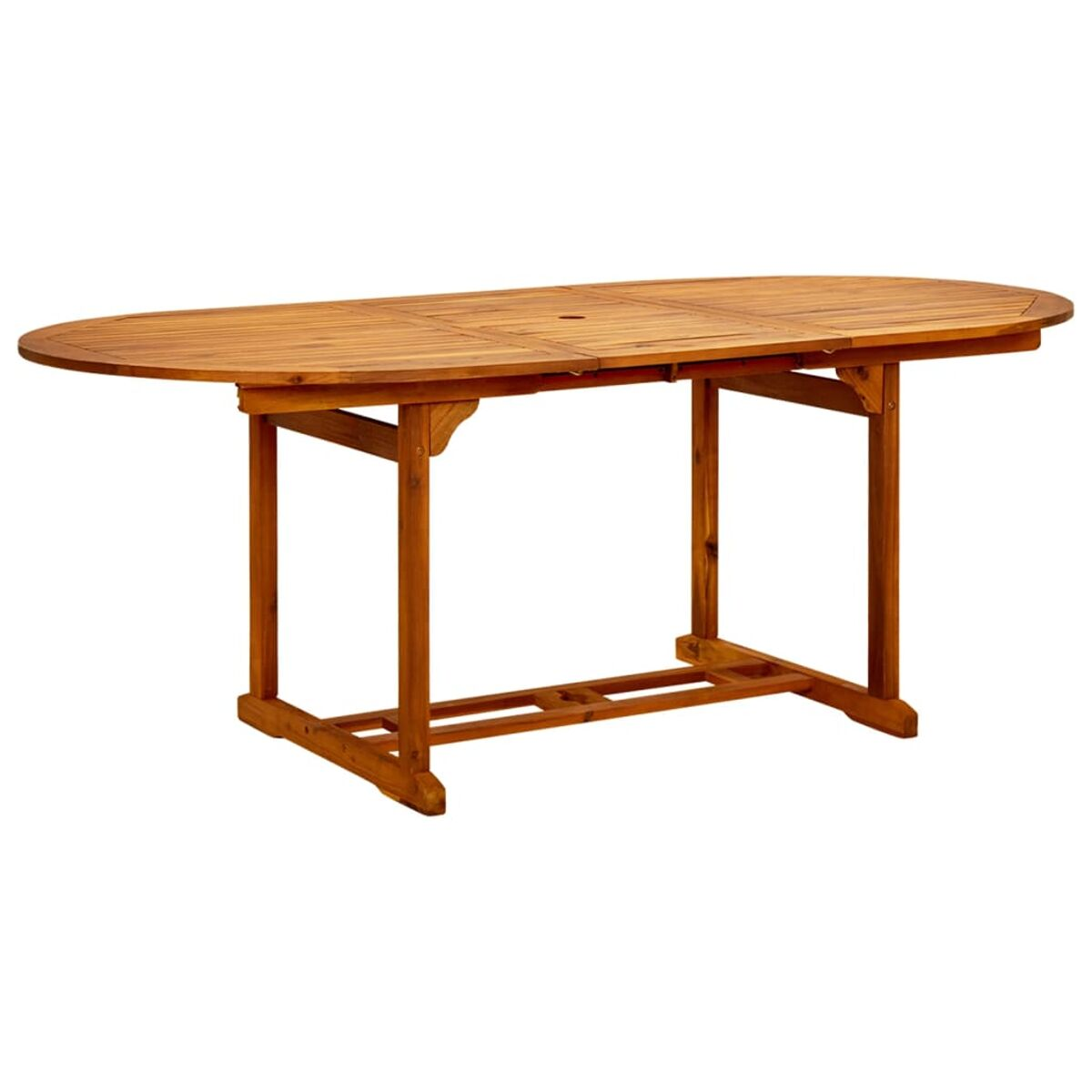 Erweiterbarer Holztisch mit abgerundeter Oberseite und zentraler Öffnung.