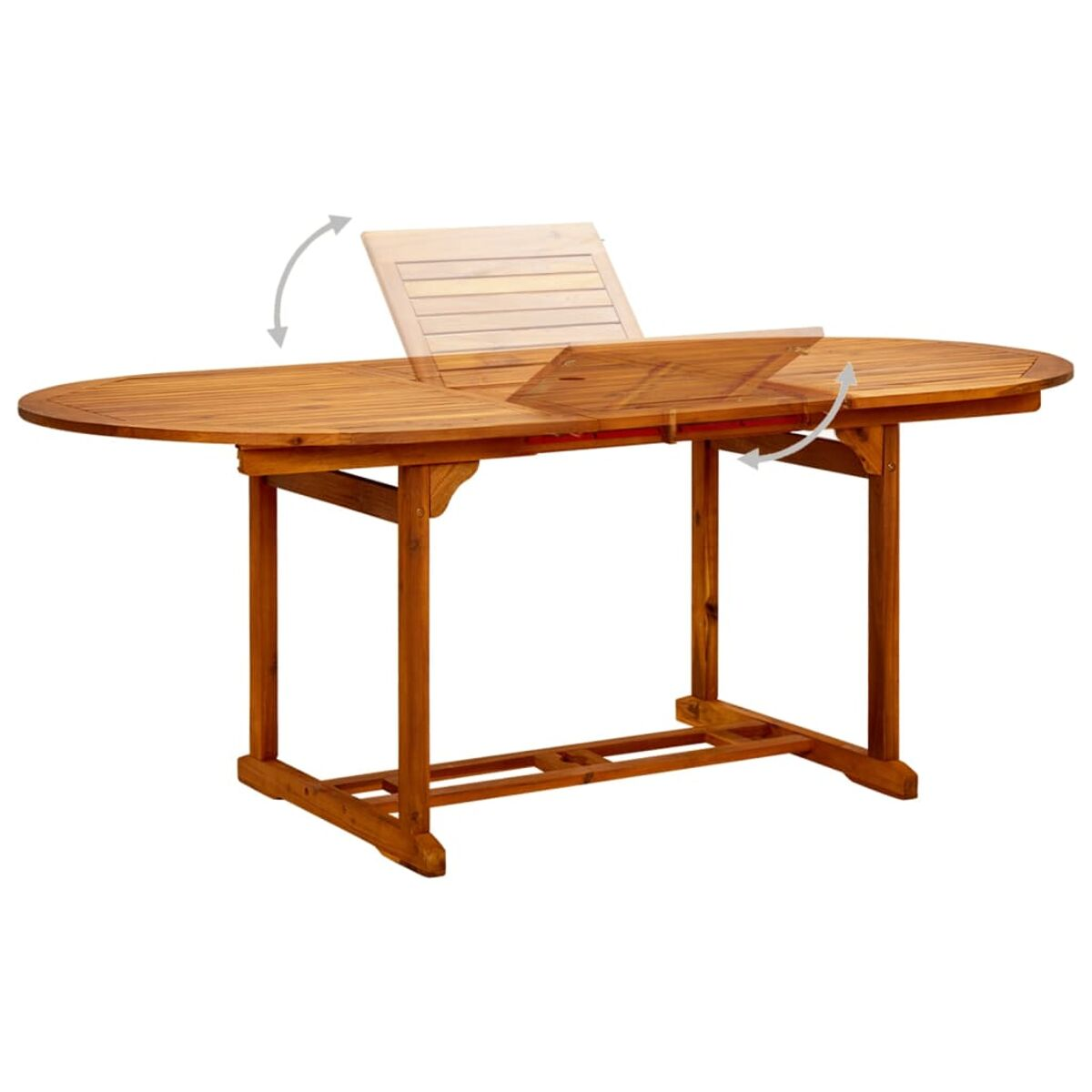 Ovaler Holztisch mit ausgeklapptem Blatt. Pfeile zeigen die Aufklappbewegung.