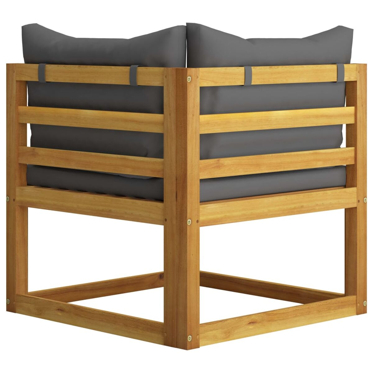 Ecksofa aus Holz mit grauen Kissen. Es hat eine quadratische Form mit Lattenrücken und -basis.