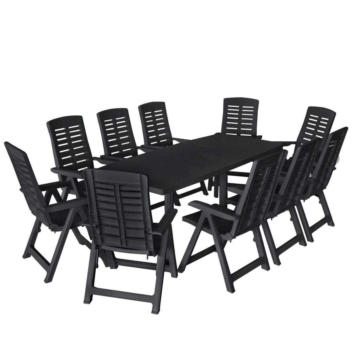 Ein schwarzes Ess-Set für den Außenbereich: Tisch und acht Stühle. Stühle haben vertikale Rückenleisten.
