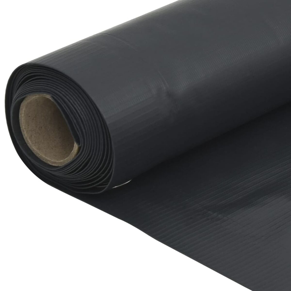 Schwarze gerollte Plane auf weißer Oberfläche. Die Plane besteht aus geriffeltem Material.