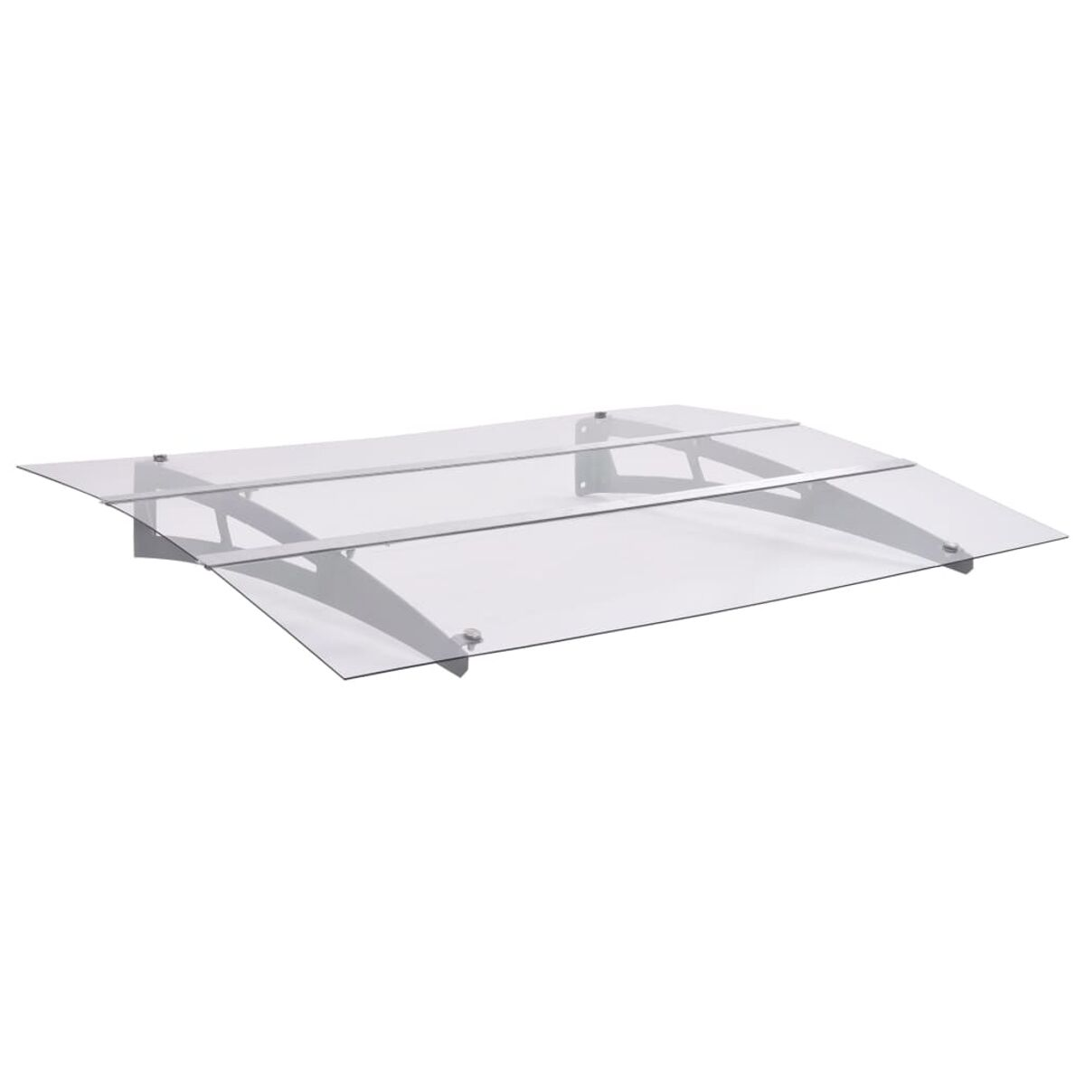 Glasvordach mit Metallstützen. Es hat eine gebogene Form und ist auf weißem Hintergrund montiert.