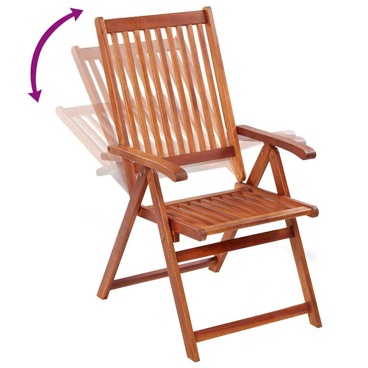 Klappstuhl aus Holz in verschiedenen Positionen. Ein Pfeil zeigt die Faltbewegung.