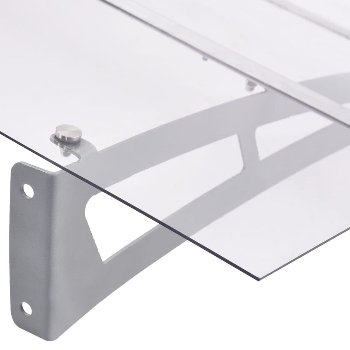 Transparente Markise. Silberner Metallrahmen mit abgerundeter Form und Befestigungsteilen.