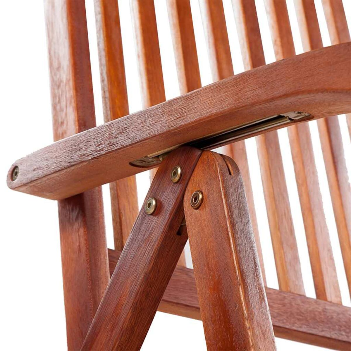 Nahaufnahme des Verbindungspunkts eines Holzstuhls mit Schrauben.
