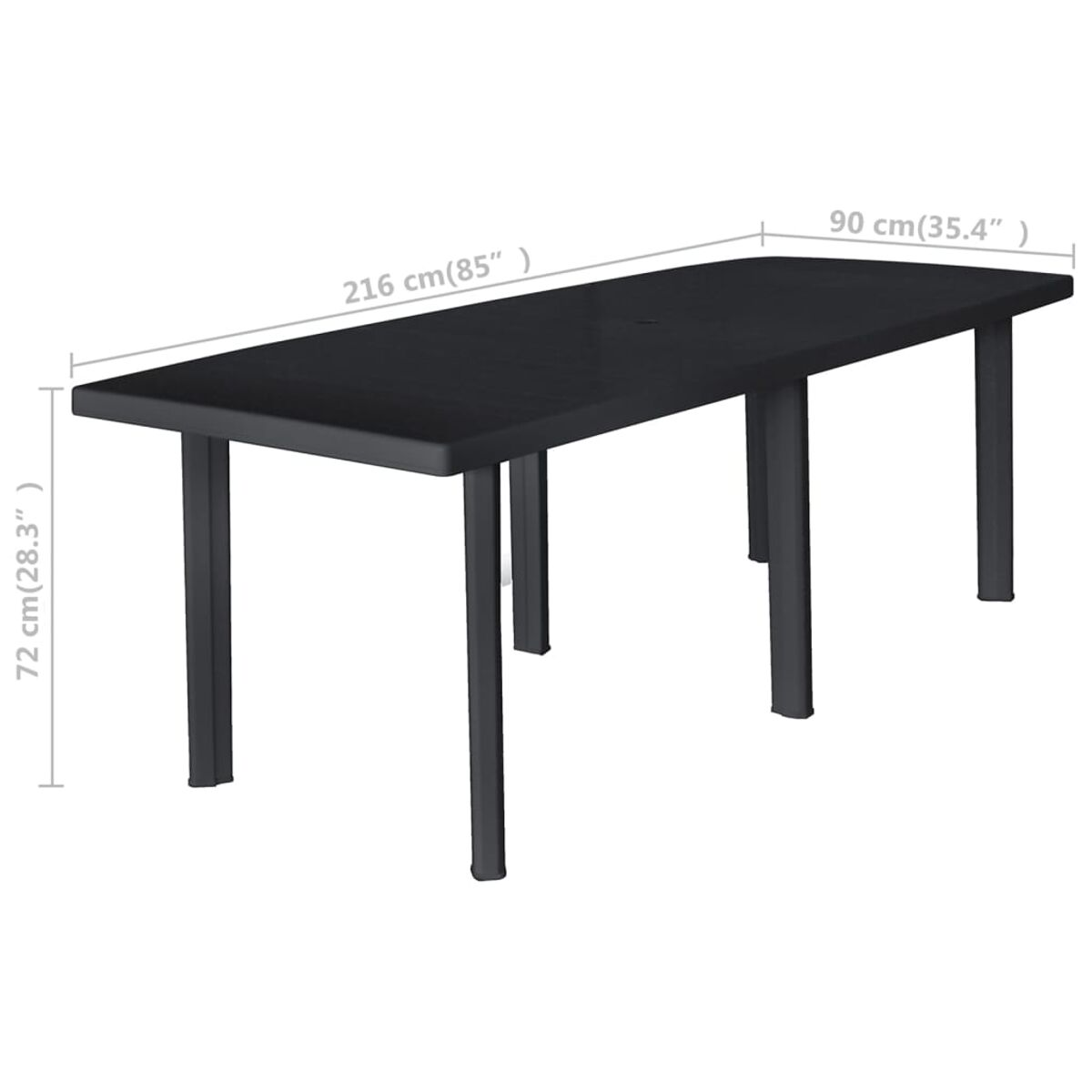 Ein schwarzer rechteckiger Gartentisch mit Beinen, Maßangaben in cm.