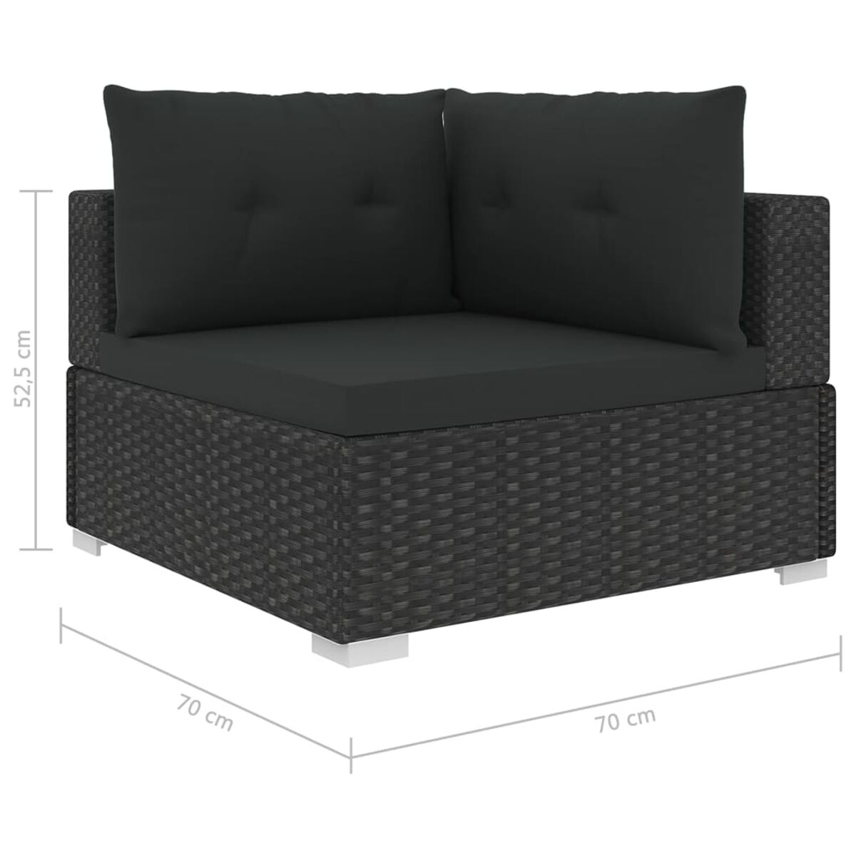 Dunkelgraues, gewebtes Ecksofa mit zwei schwarzen Kissen. Weiße Füße stützen das Sofa.