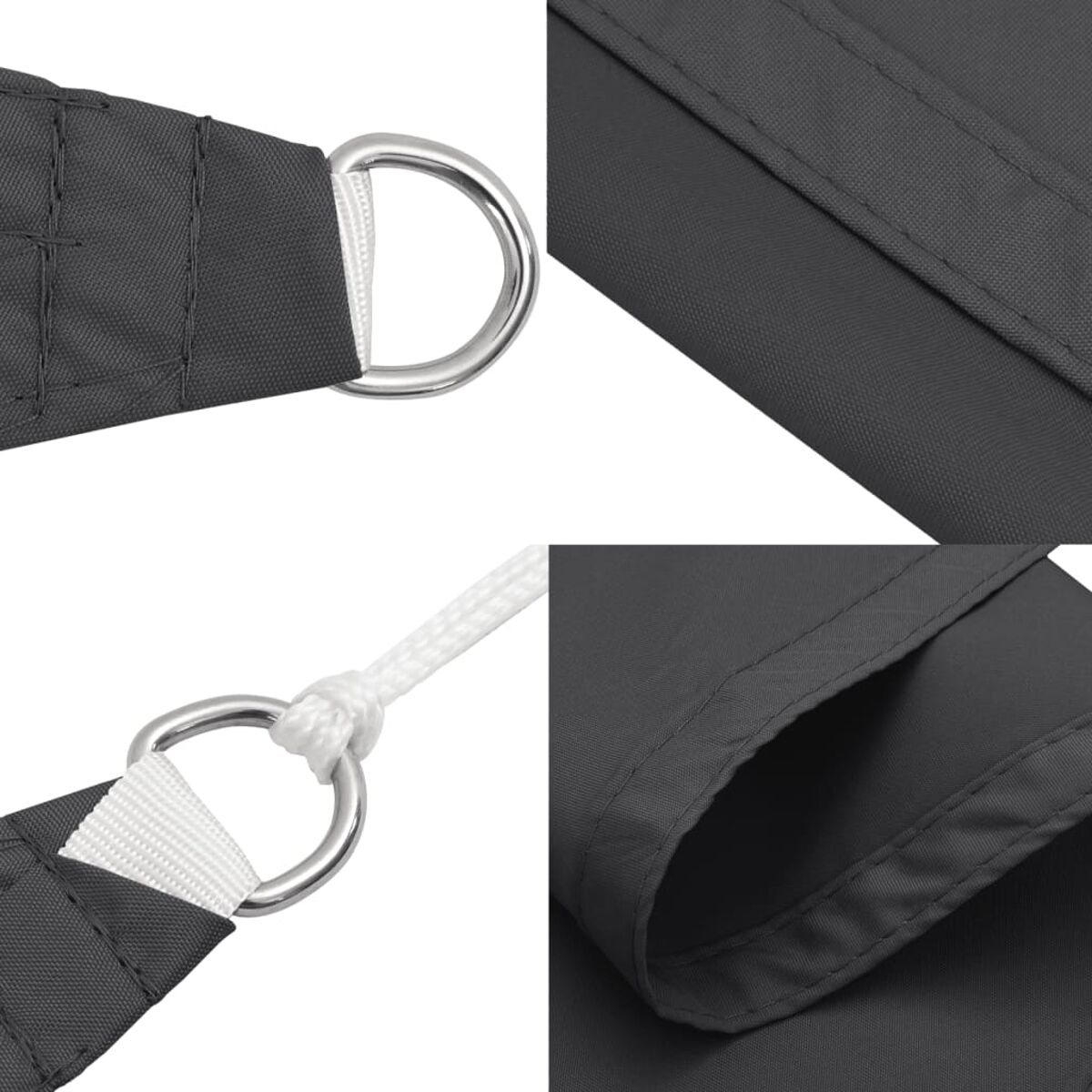 Nahaufnahme von Stoff. Mehrere Bilder zeigen Stoffstücke mit D-Ringen und Nähten.