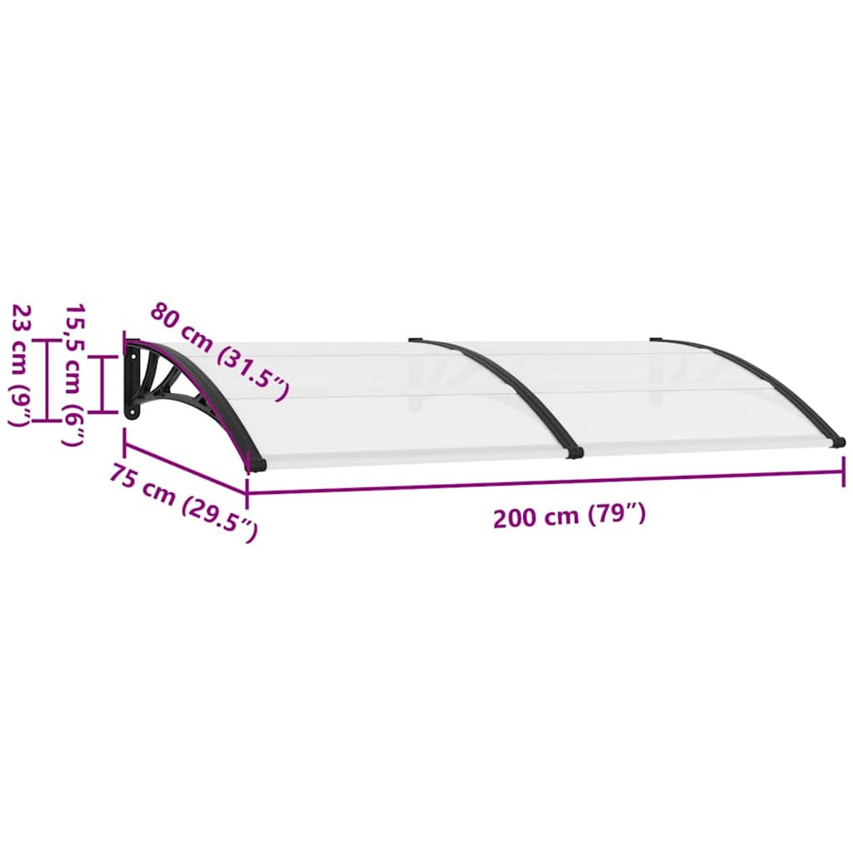 Eine weiße und schwarze Markise mit den Maßen: 200 cm lang, 75 cm breit, 23 cm hoch.