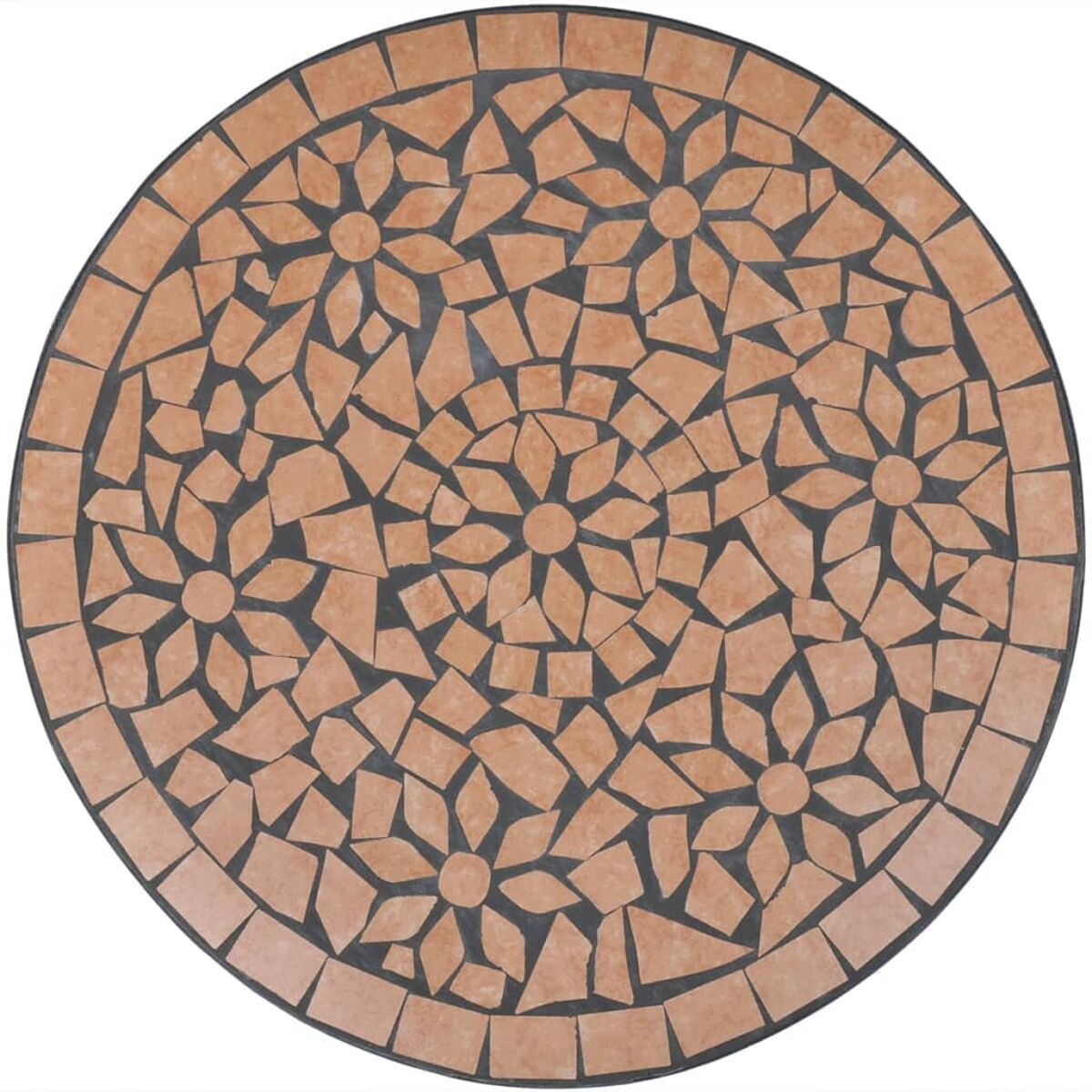 Runde Mosaiktischplatte mit braunem und schwarzem Fliesenmuster.