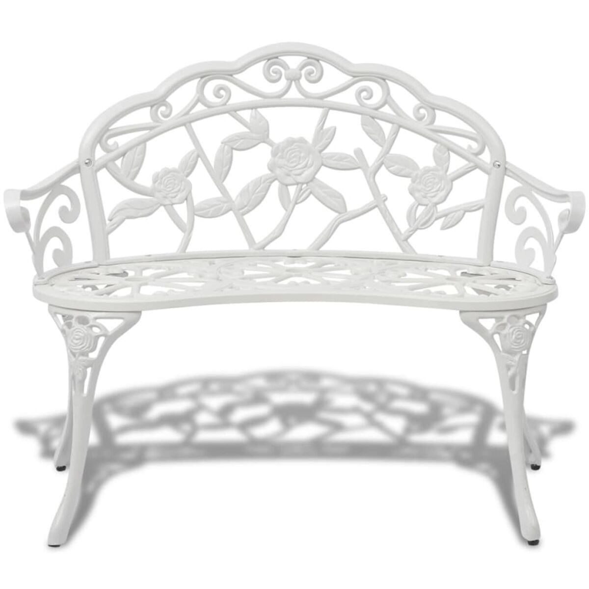 Weißer dekorativer Metall-Gartenbank mit floralem Design.
