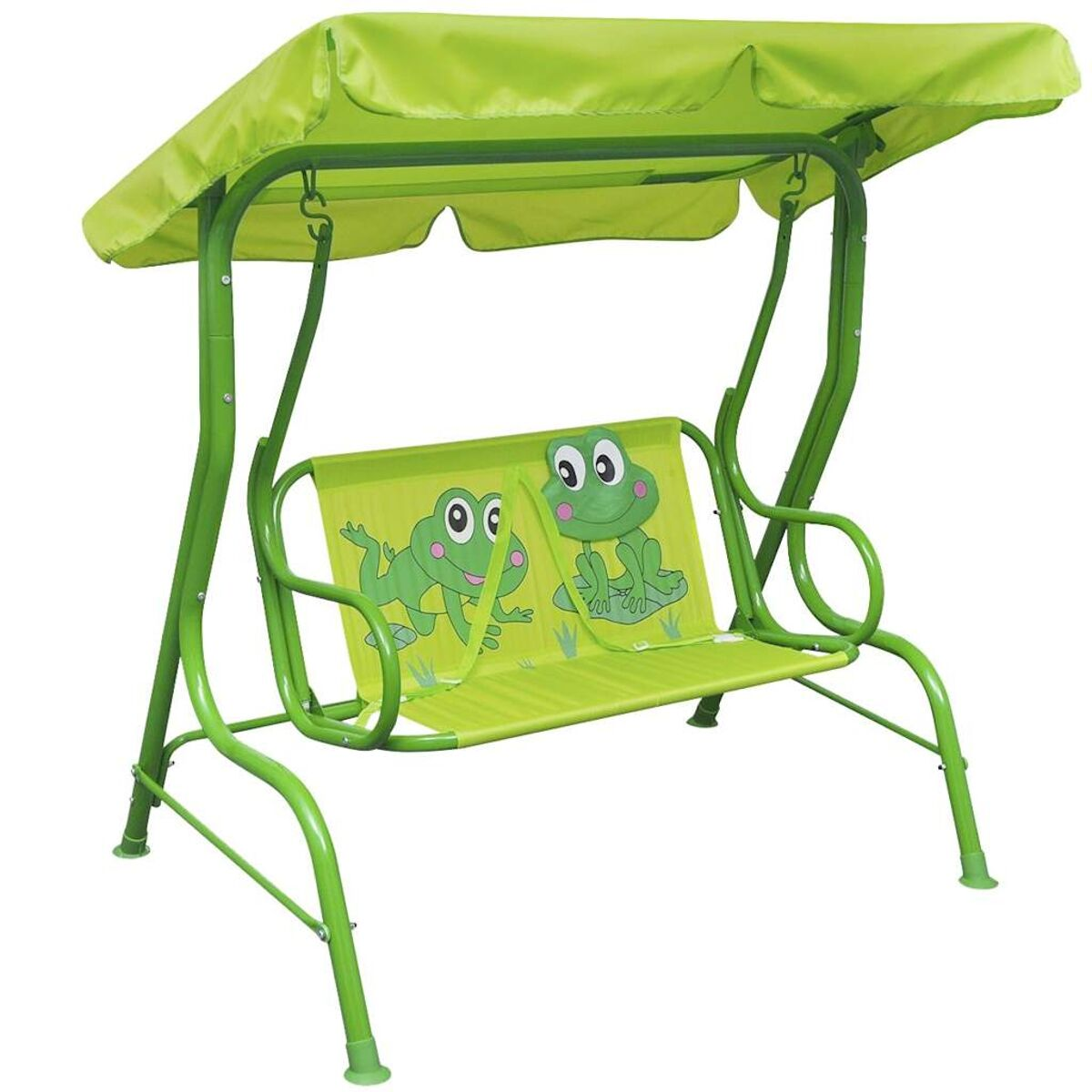 Grünes Schaukelset mit Sonnendach, grüner Sitz mit Froschdesign, grüner Rahmen, weißer Hintergrund.