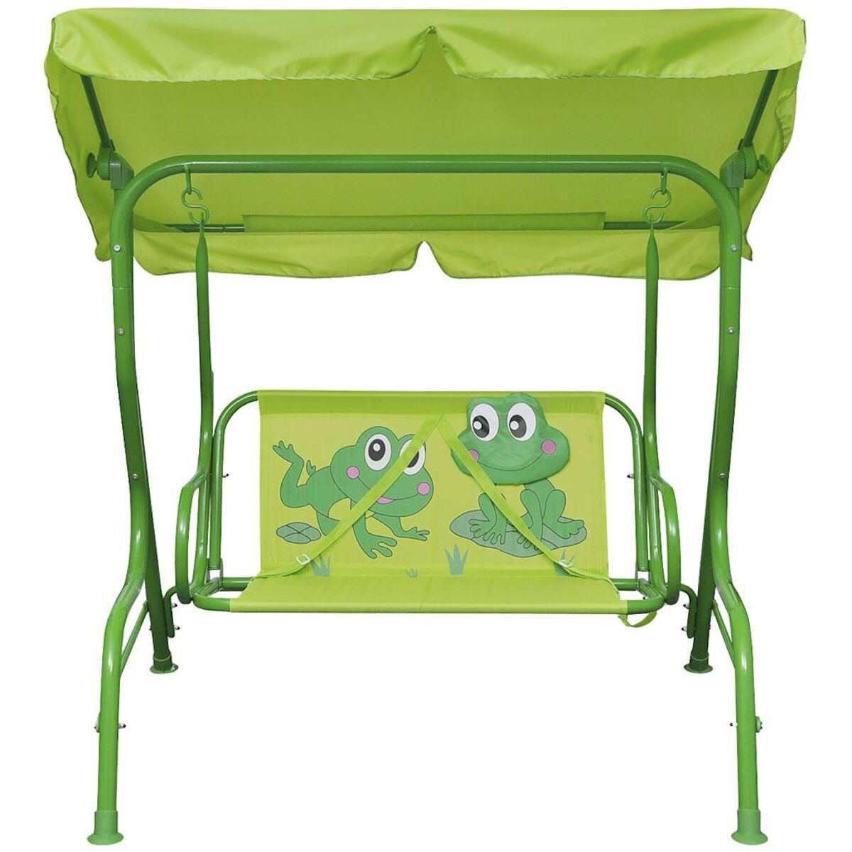 Grünes Schaukelset mit Sitz im Frosch-Design. Isoliert auf weißem Hintergrund. Es hat ein grünes Verdeck.