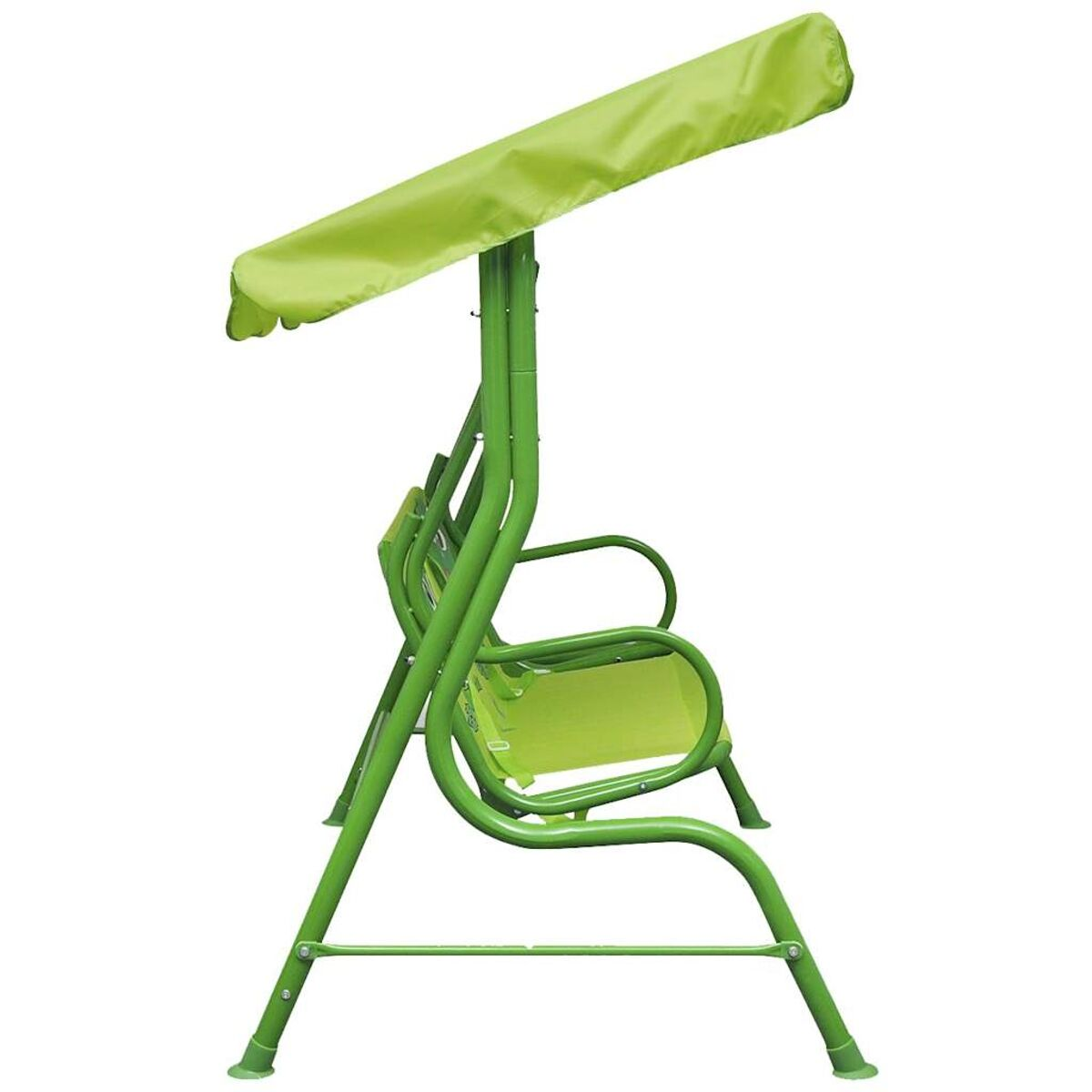 Grüne Metallschaukel mit grünem Baldachin. Von der Seite gesehen.