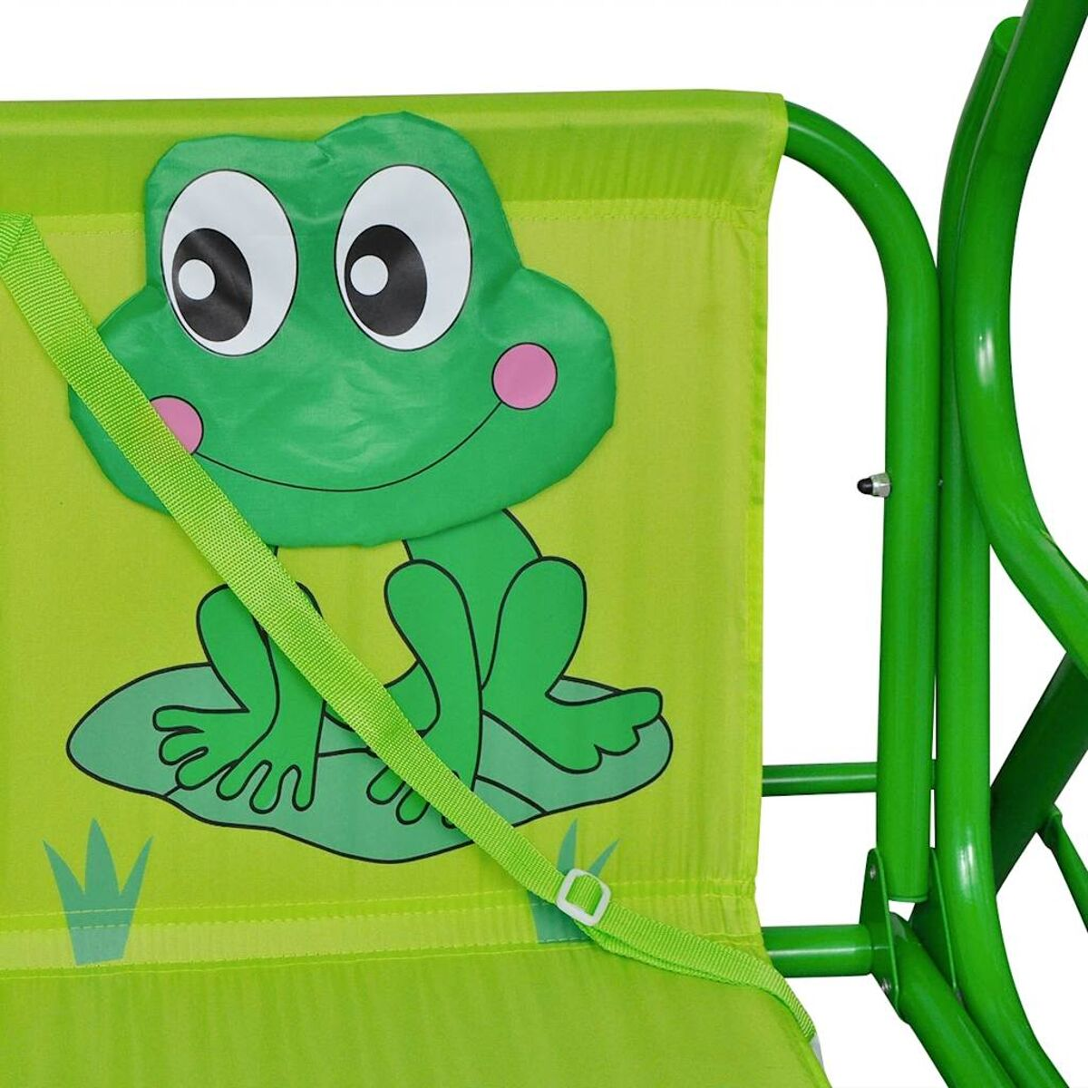 Ein grüner Schaukelsitz mit einem Cartoon-Frosch. Es hat einen Sicherheitsgurt.