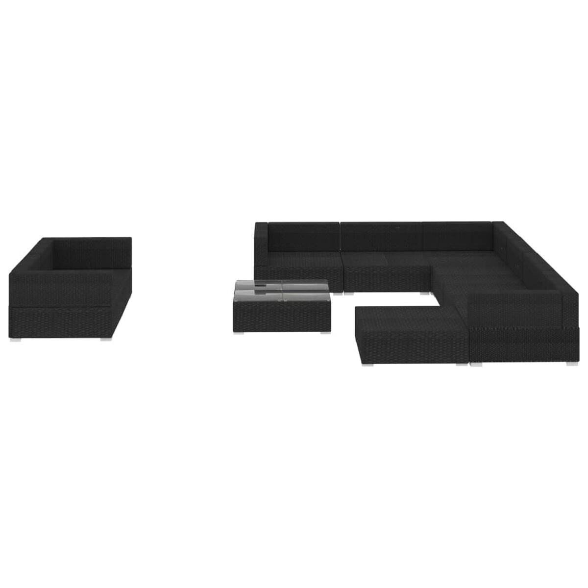 Schwarzes Korbsessel-Sofa mit einem Couchtisch mit Glasplatte, alles auf weißem Hintergrund.