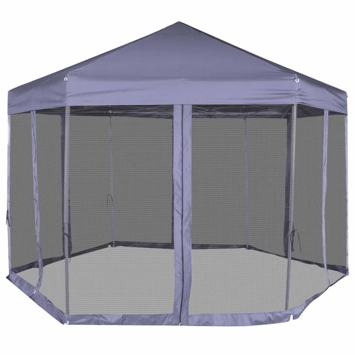 Ein grauer sechseckiger Pavillon mit Netzfenstern, offener Tür und Dach.