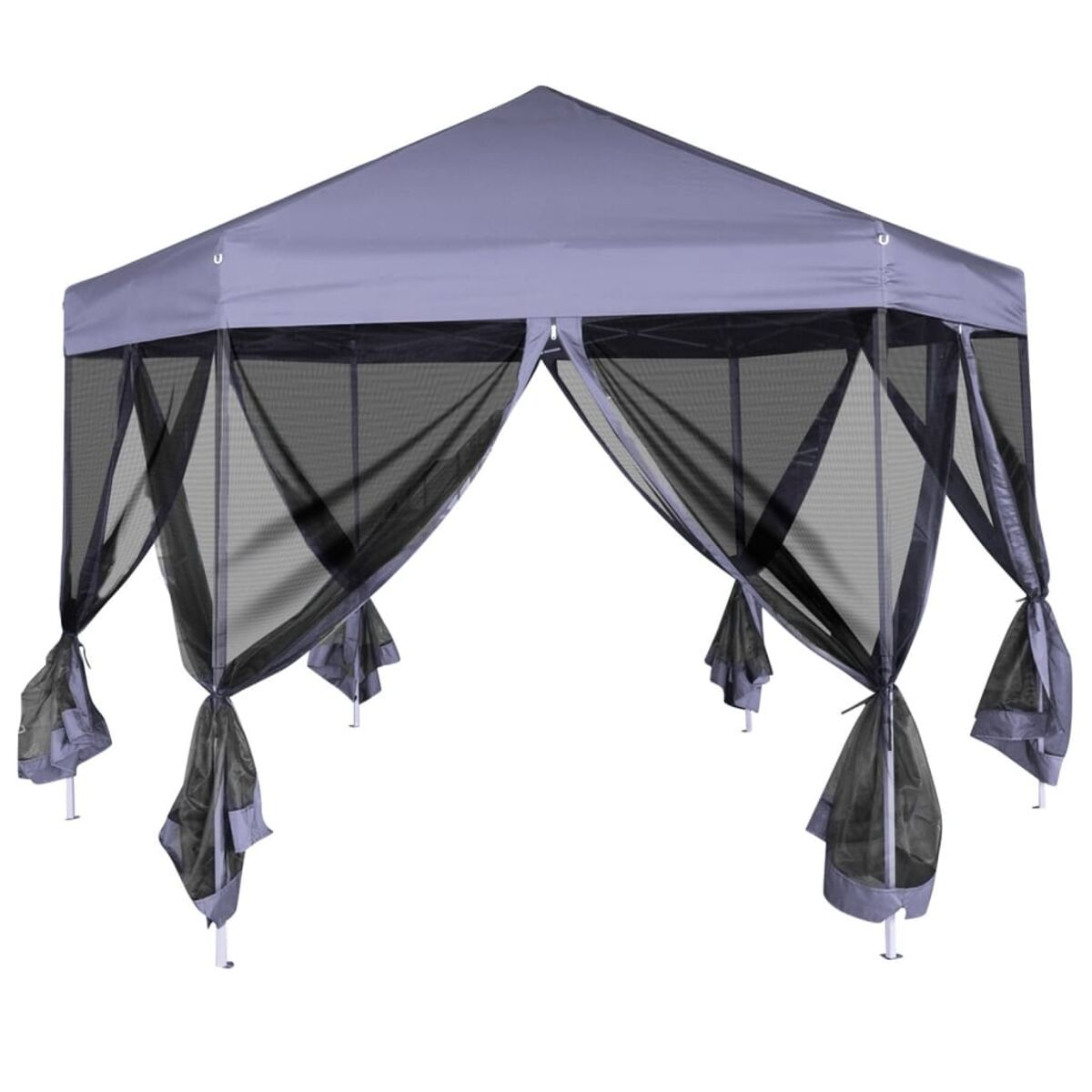 Sechseckiger Pavillon mit grauem Stoff und schwarzen Netzwänden.