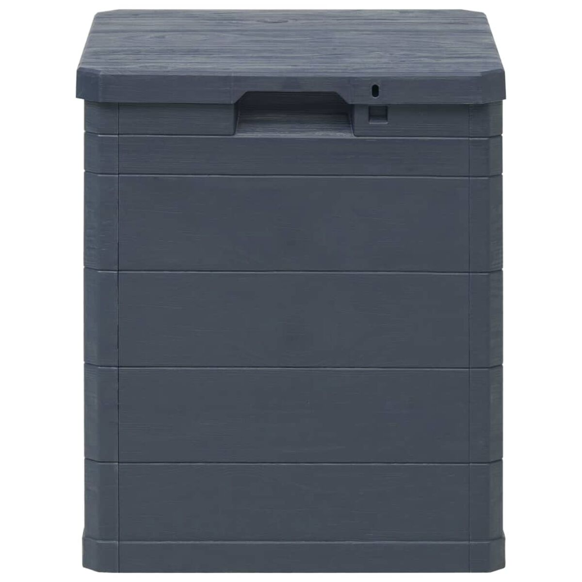 Eine dunkelgraue, rechteckige Aufbewahrungsbox mit Griff und Deckel, aus Kunststoff.