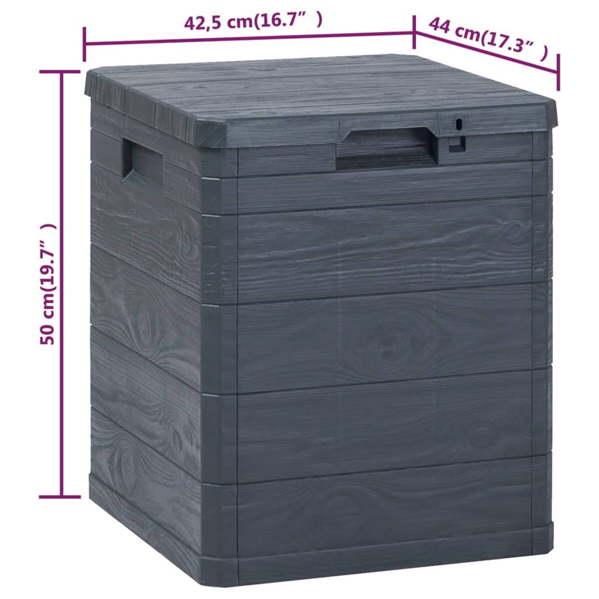 Graue Aufbewahrungsbox mit angezeigten Abmessungen. Holzstruktur. Hat einen Griff und ein Schloss.