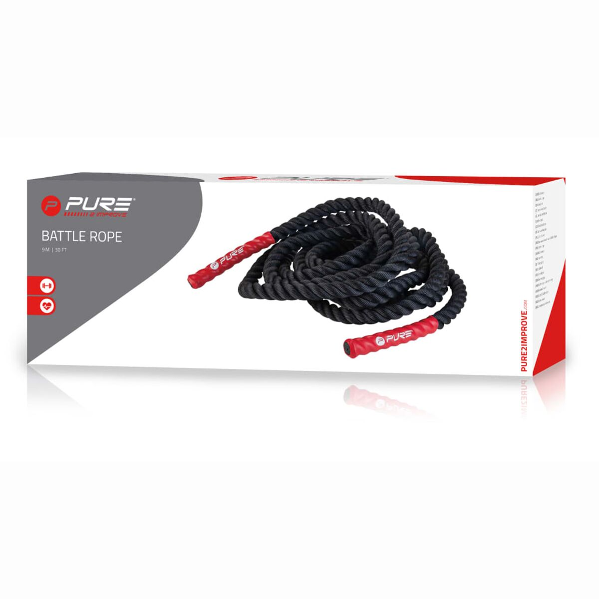 Schwarzes Battle Rope mit roten Griffen auf weißem Hintergrund. Die Box zeigt den Markennamen.
