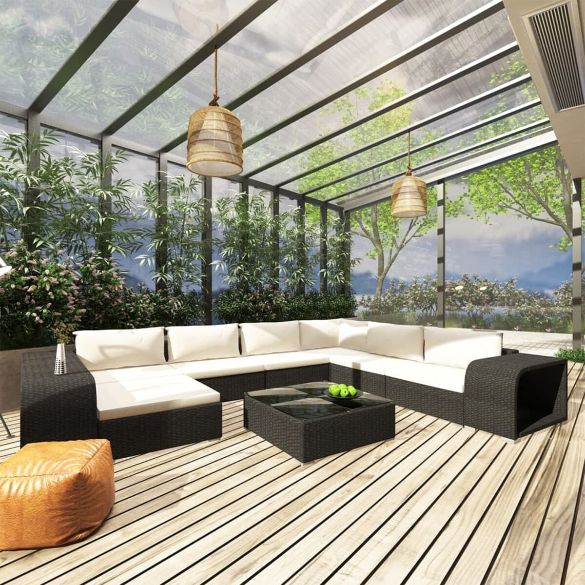 Sitzbereich im Freien mit Ecksofa aus Korbgeflecht, Holzterrasse und Hängelampen.