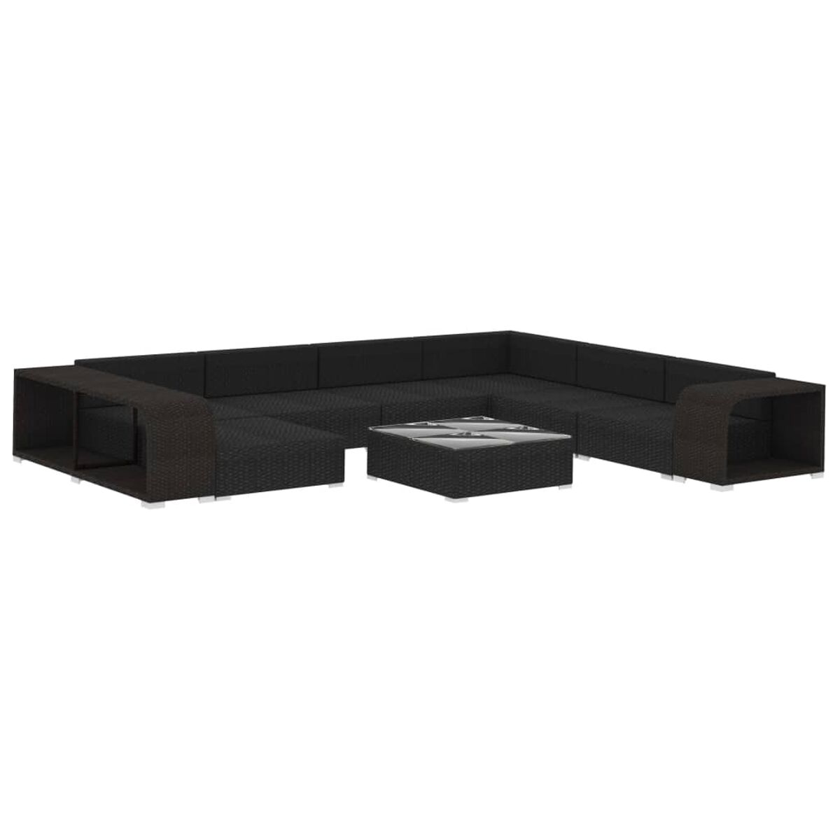 Schwarzes, gewebtes Outdoor-Ecksofa mit einem Couchtisch mit Glasplatte.