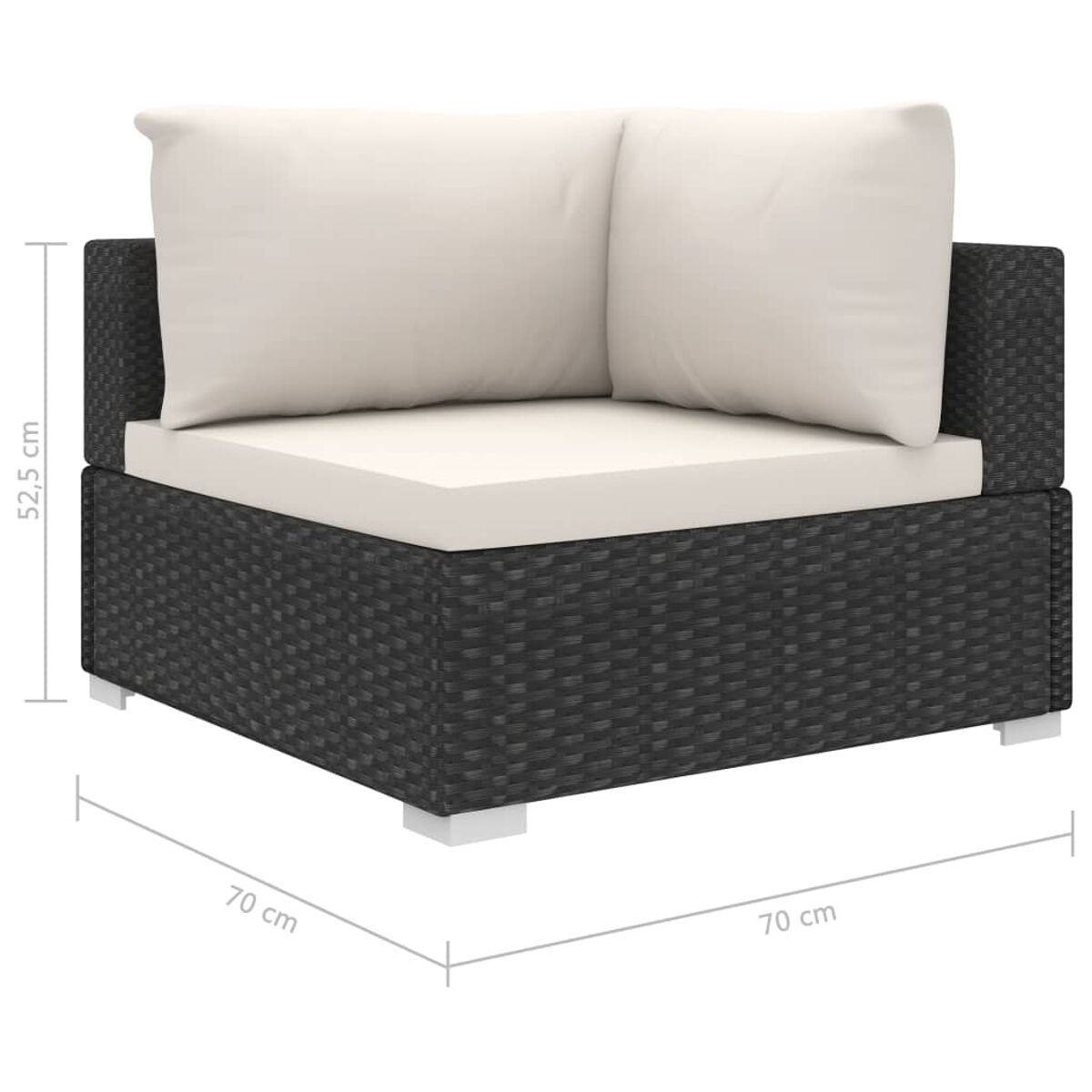 Ein schwarzes Ecksofa mit weißen Kissen und weißen Beinen, Maße in cm.