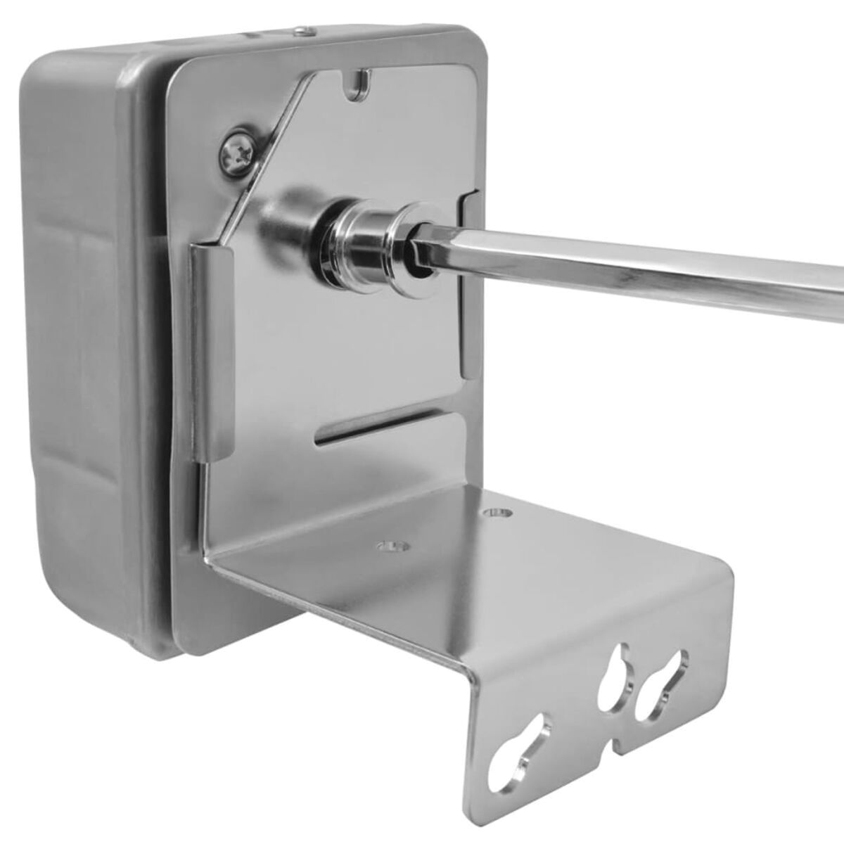 Nahaufnahme einer Wandhalterung für einen Seifenspender aus Metall, mit silbernem Finish und Hebel.