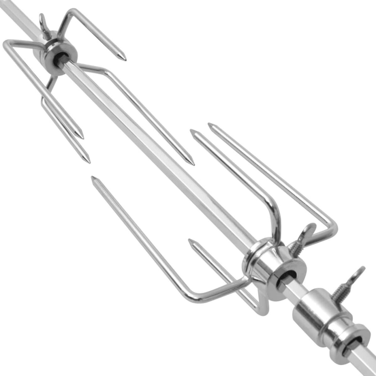 Edelstahl-Spieß mit Gabeln. Silbernes Metall auf weißem Hintergrund.