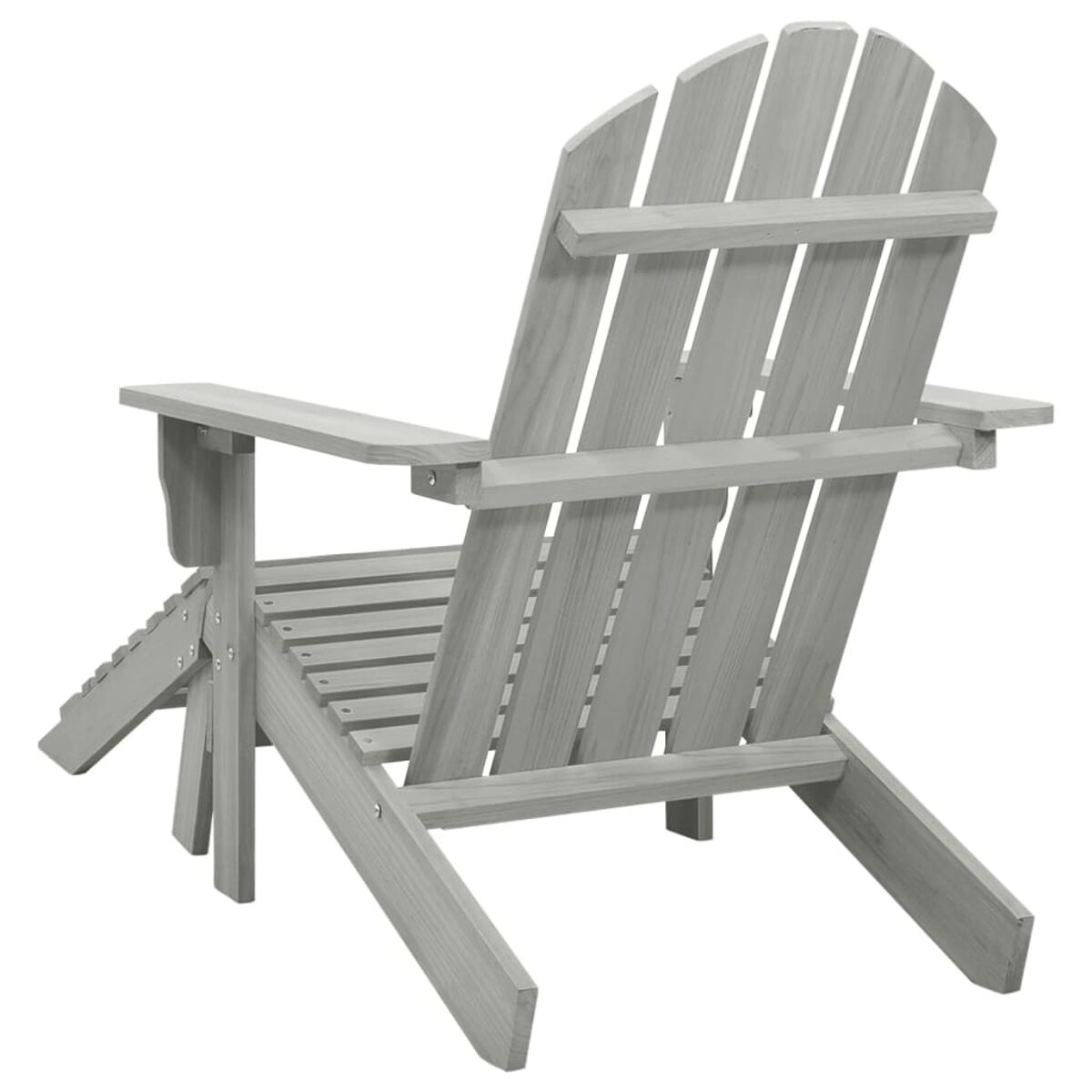 Rückansicht eines grauen Holz-Adirondack-Stuhls. Der Stuhl hat eine Lattenlehne und Sitzfläche.