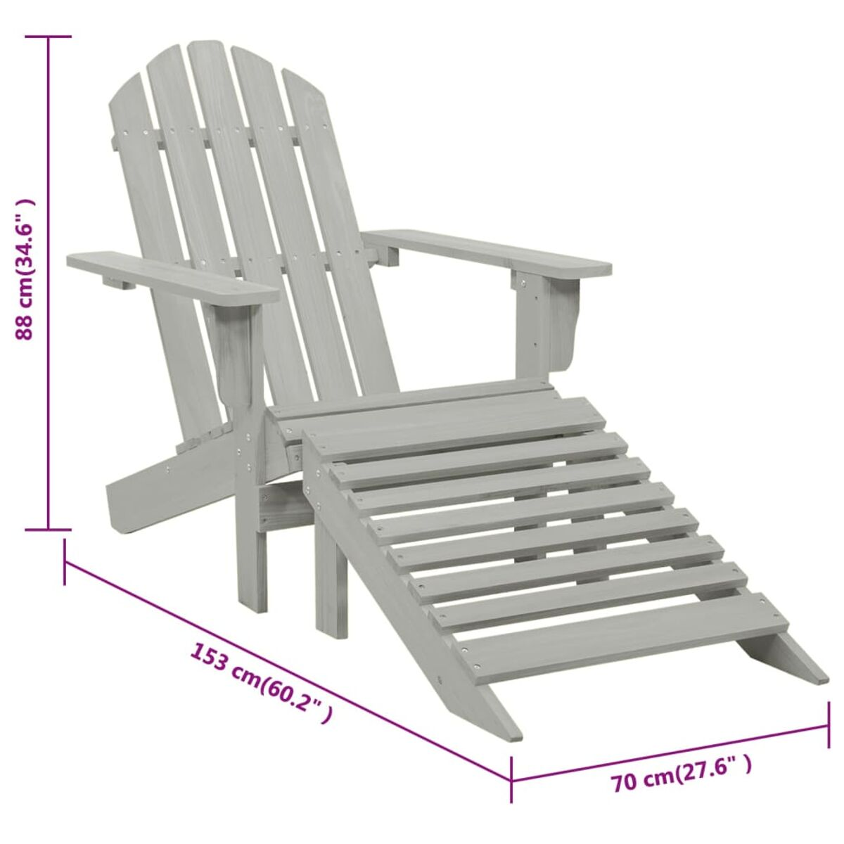 Grauer Adirondack-Stuhl aus Holz mit verlängerter Fußstütze.