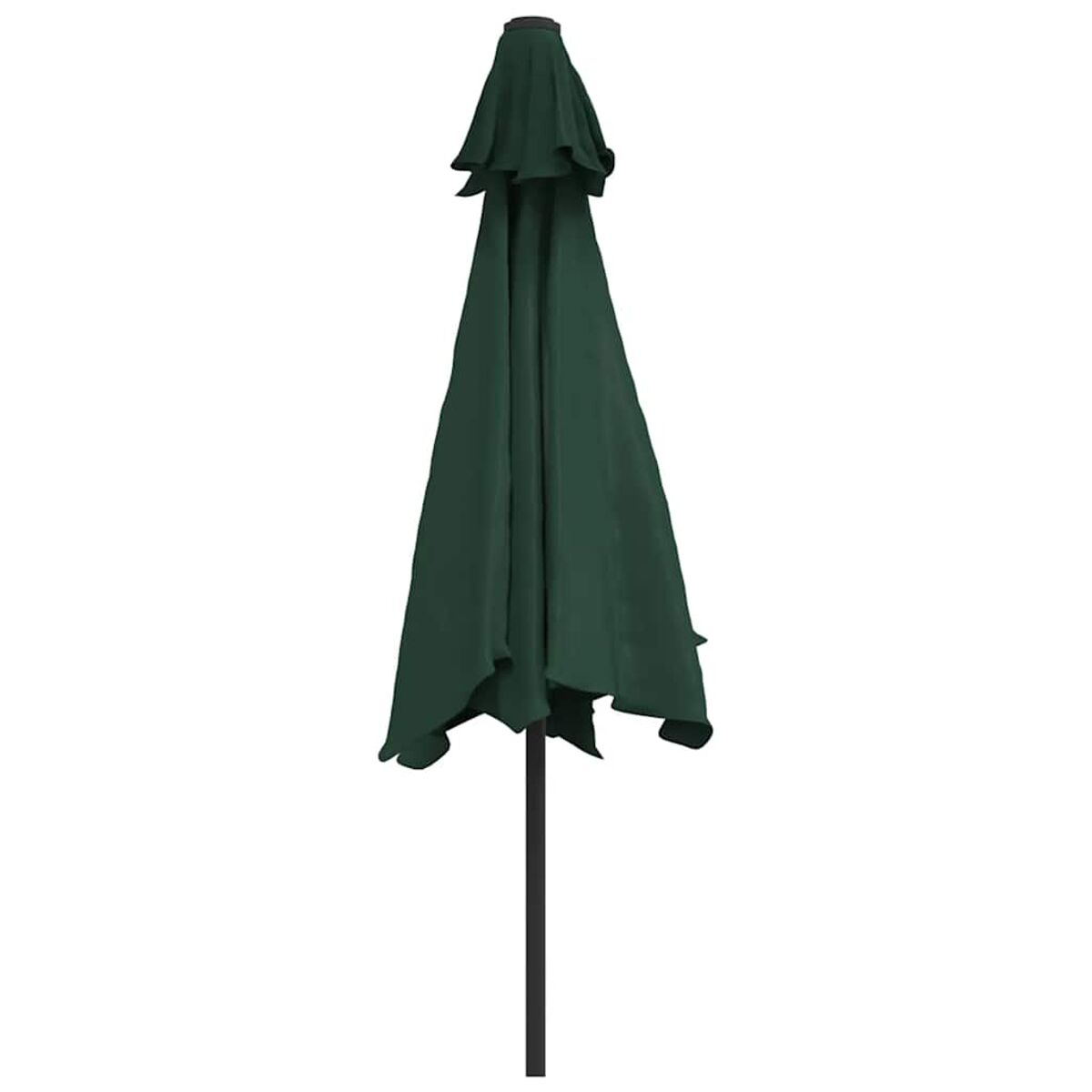 Ein grüner, geschlossener Sonnenschirm. Der Mast ist schwarz, und die Spitze ist dunkelgrün.