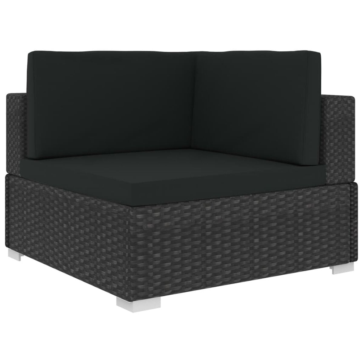 Ecksofa, graues Flechtwerk, schwarze Kissen, weiße Beine.