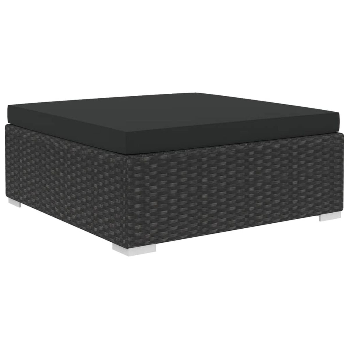 Dunkelgraue Rattan-Ottomane mit schwarzem Kissen und weißen Füßen.