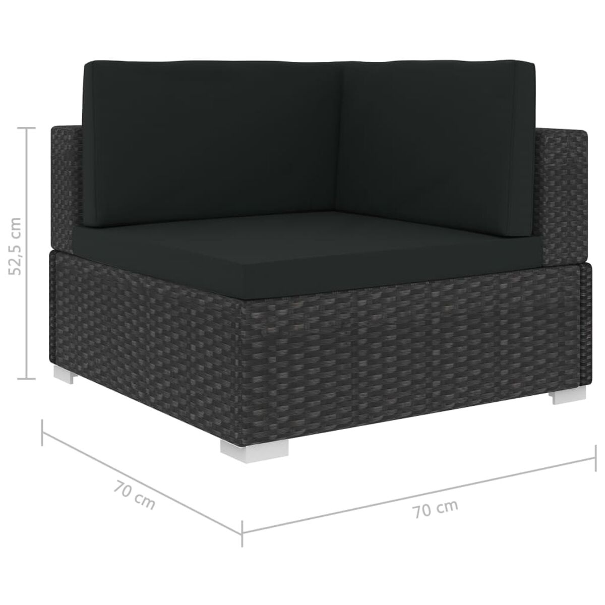 Dunkelgraues Ecksofa aus Korbgeflecht mit schwarzen Kissen. Abmessungen gezeigt.