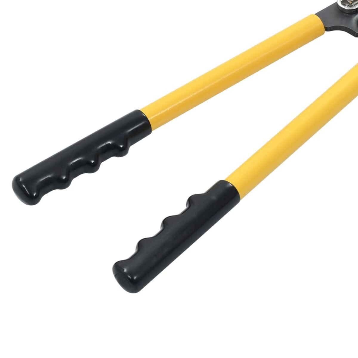Gelbe und schwarze Baumschere. Die Griffe sind gelb, die Griffe schwarz.