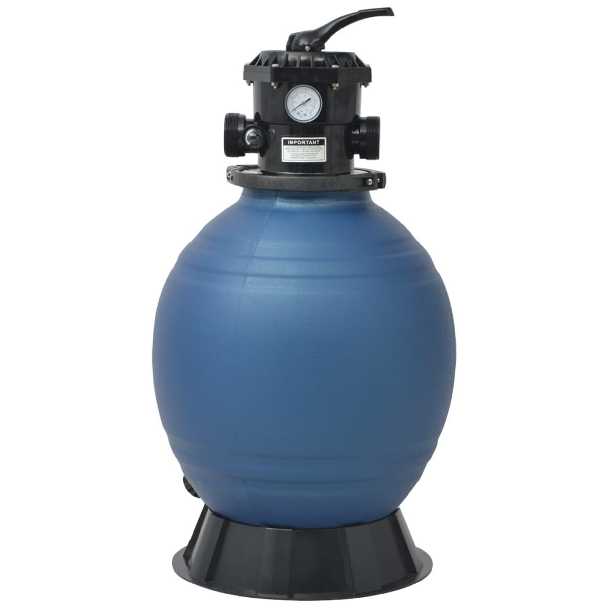 Blauer, kugelförmiger Poolfilter mit schwarzem Deckel und Boden, mit Manometer und Griff.