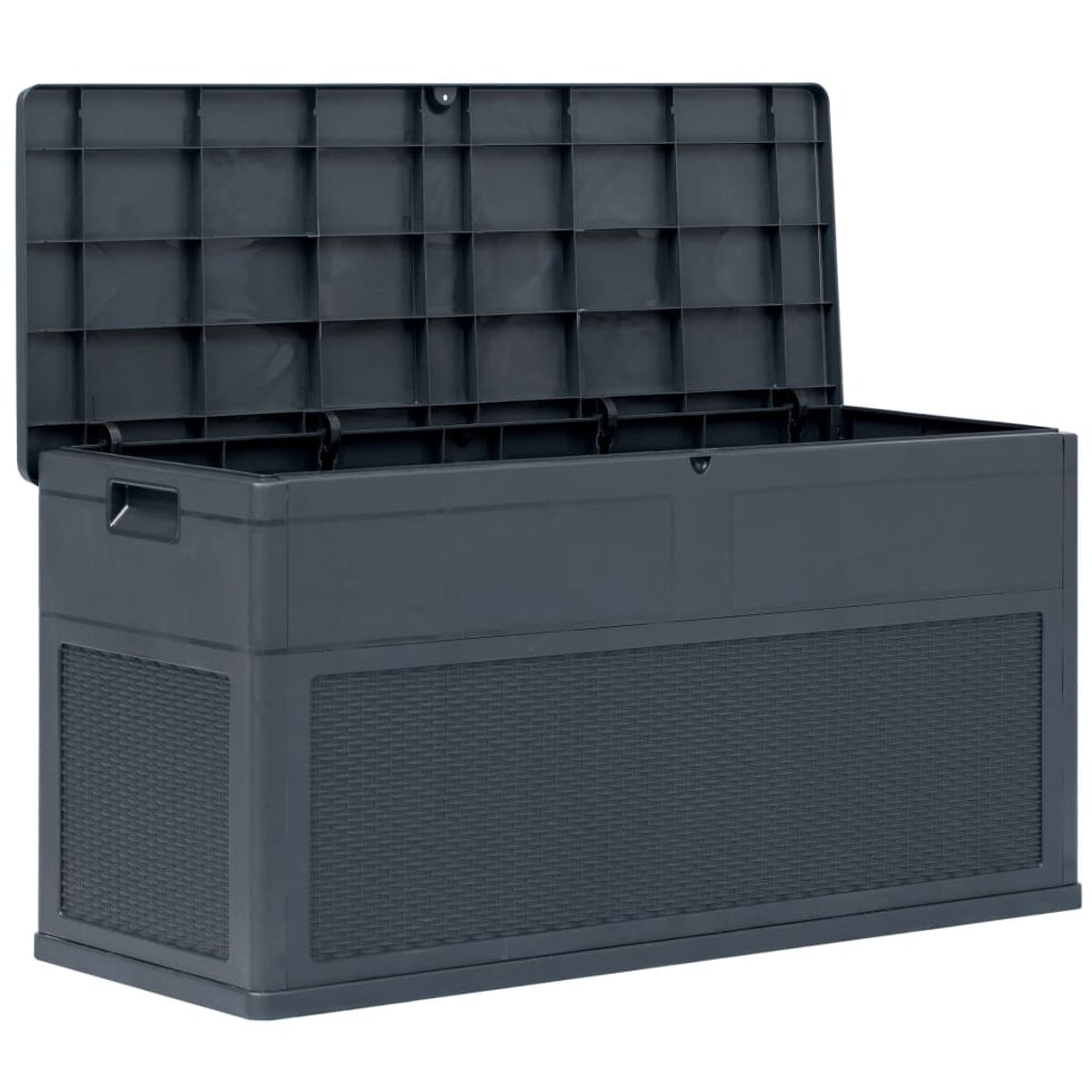 Dunkelgraue Outdoor-Aufbewahrungsbox mit offenem Deckel, Innenansicht.