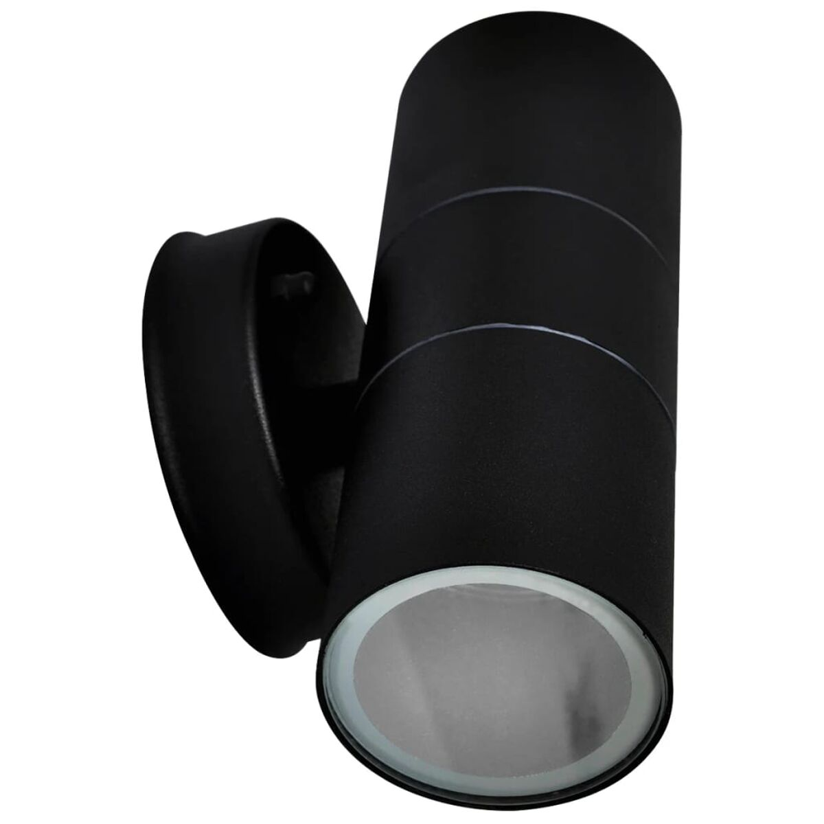 Schwarze Zylinder-Wandleuchte mit einem weißen Innenlicht.