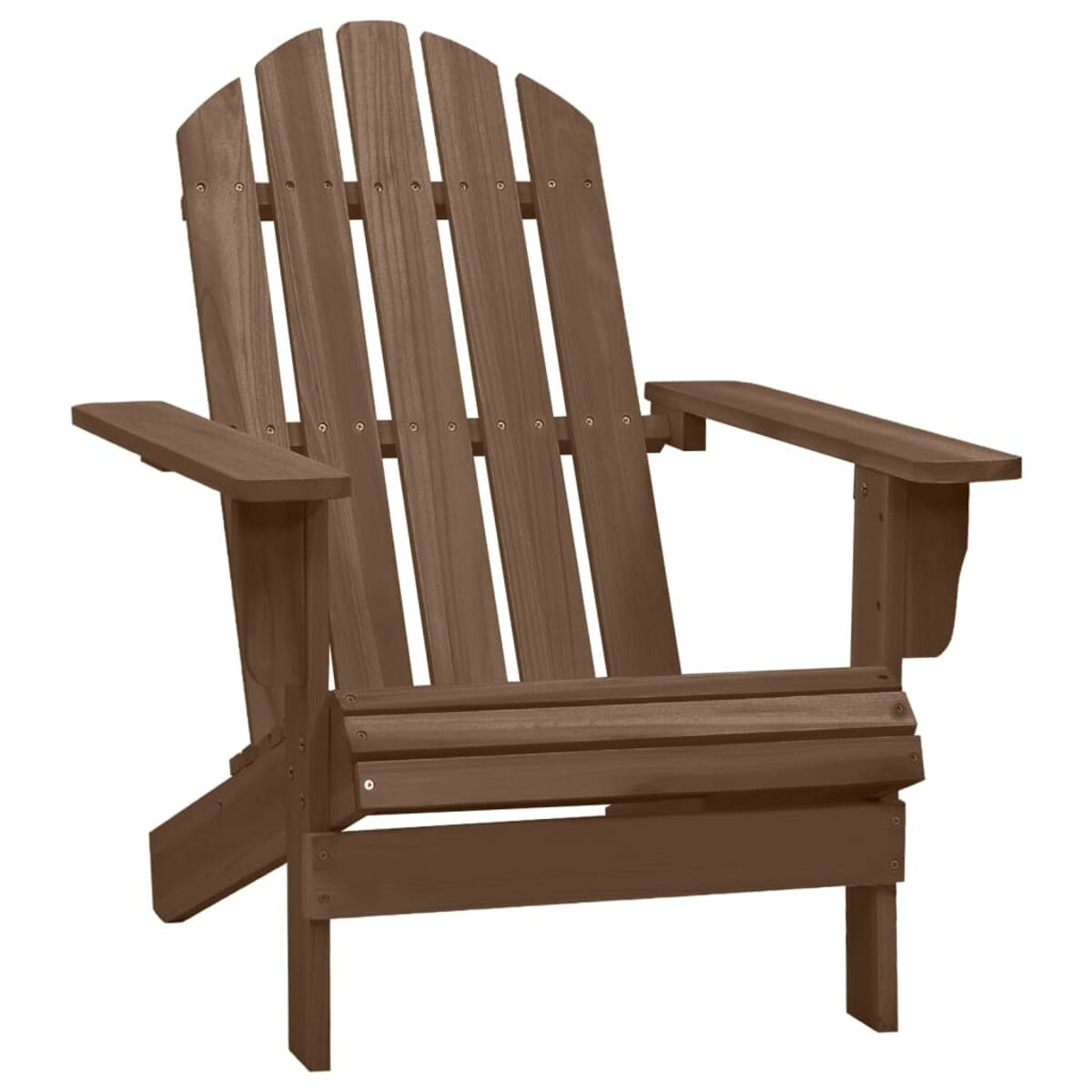 Dunkelbrauner Adirondack-Stuhl. Er hat eine hohe Rückenlehne, breite Armlehnen und Sitz.