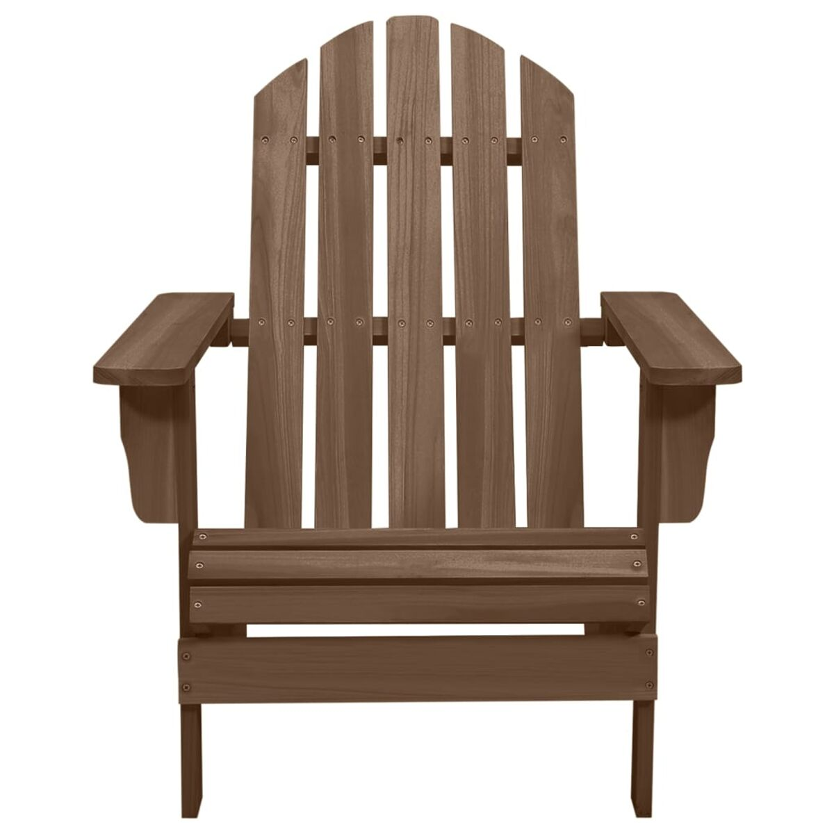 Adirondack-Stuhl aus Holz, braun, mit breiten Armlehnen und einer Lamellenlehne.