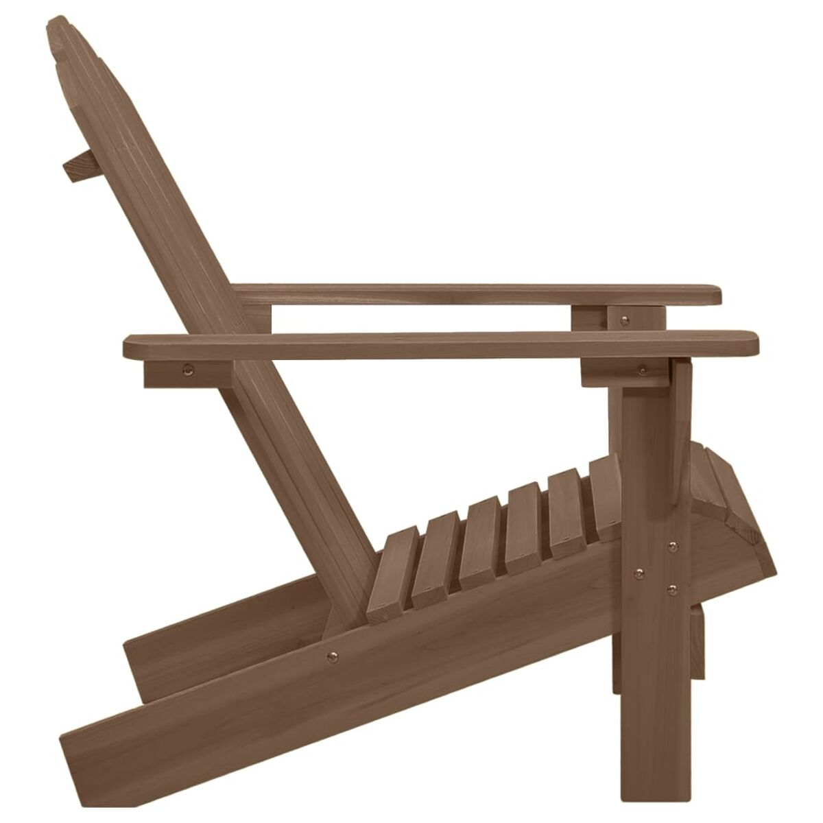 Adirondack-Stuhl aus Holz, braun, Seitenansicht. Sitzfläche und Rückenlehne mit Lamellen.