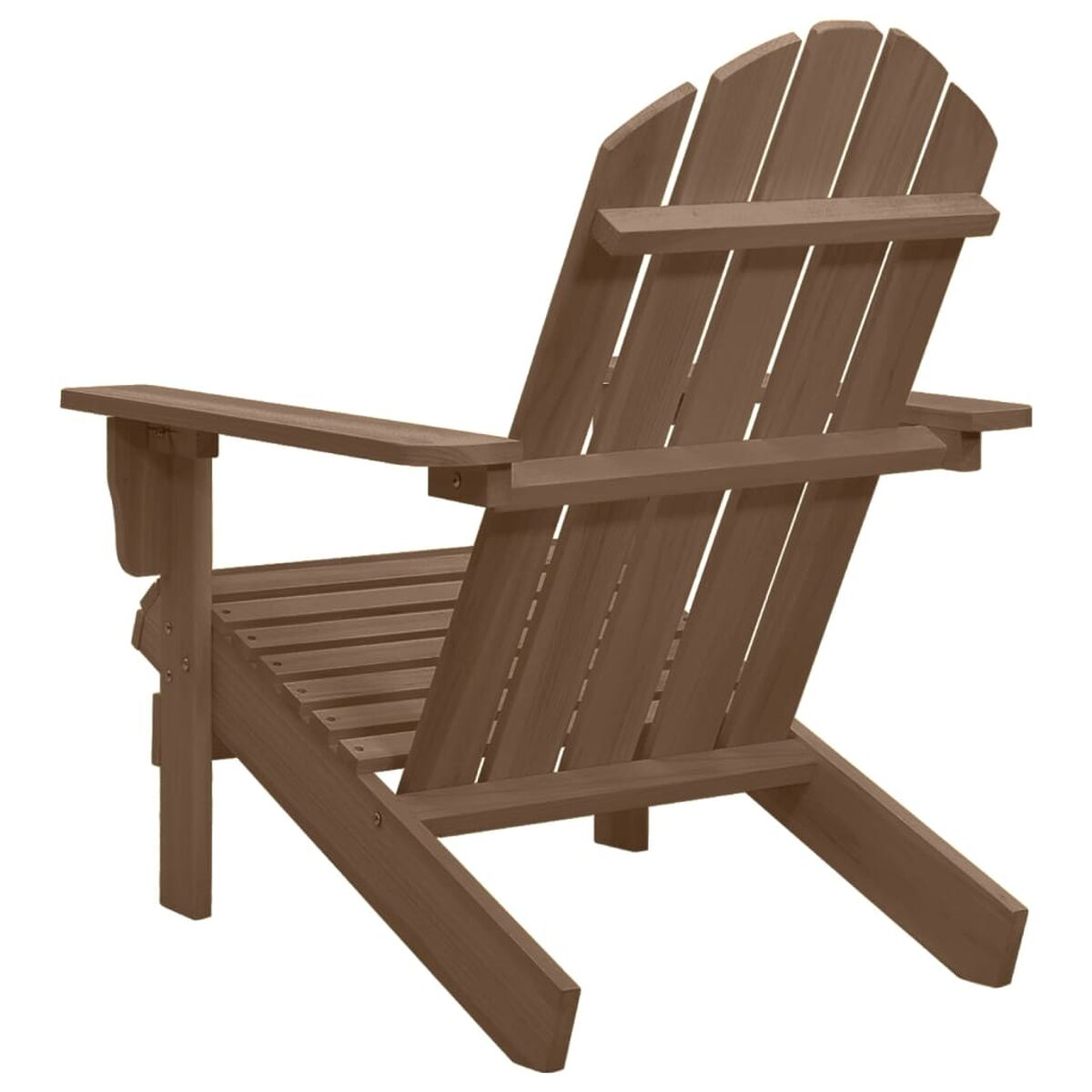 Holz-Adirondack-Stuhl von hinten, zeigt Latten und eine geschwungene Rückenlehne, braune Farbe.