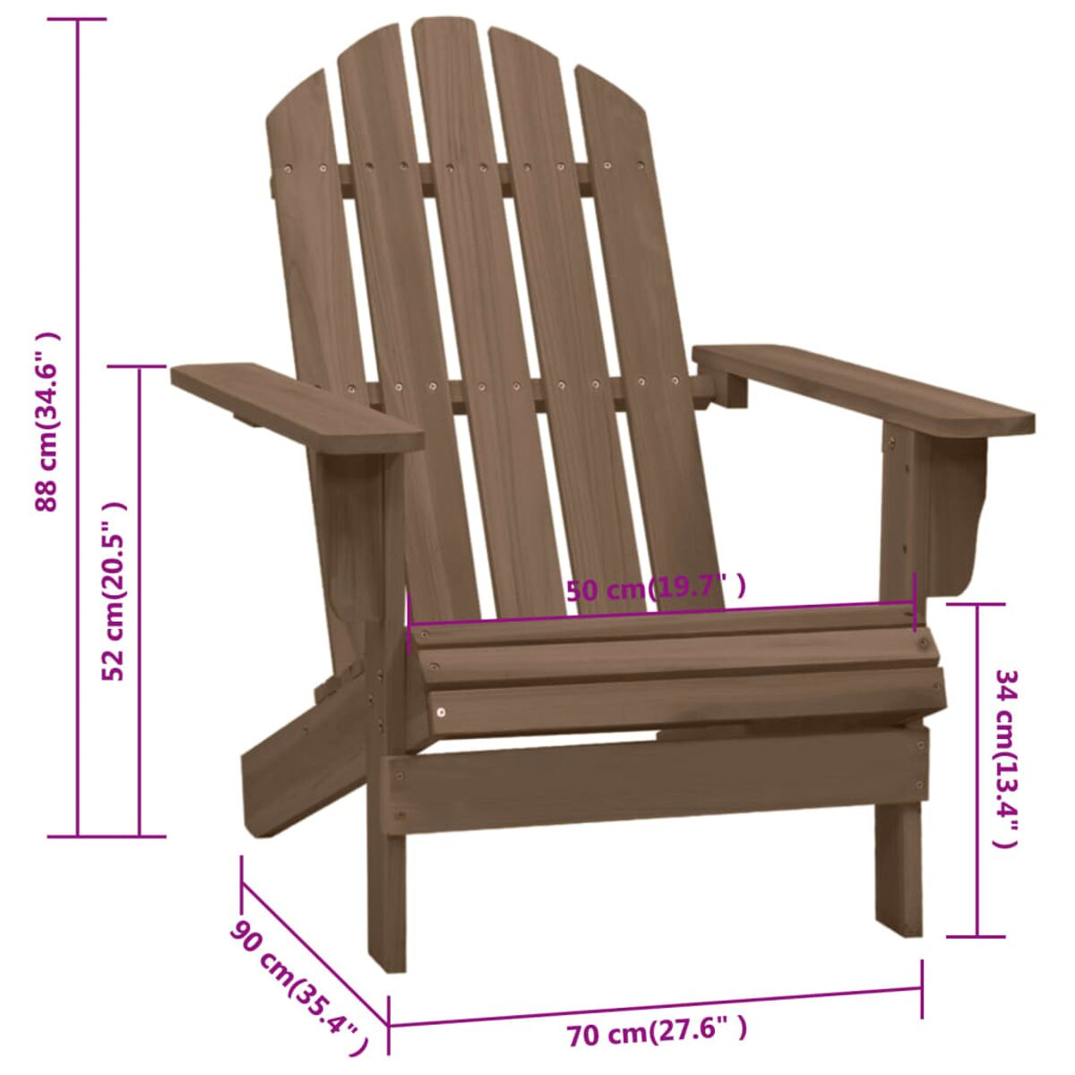 Ein hölzerner Adirondack-Stuhl mit angegebenen Abmessungen. Er ist braun und steht vor weißem Hintergrund.