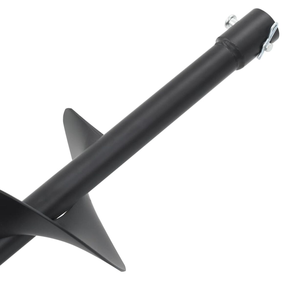 Schwarzer Metall-Bodenanker mit Spiraldesign und Stift.