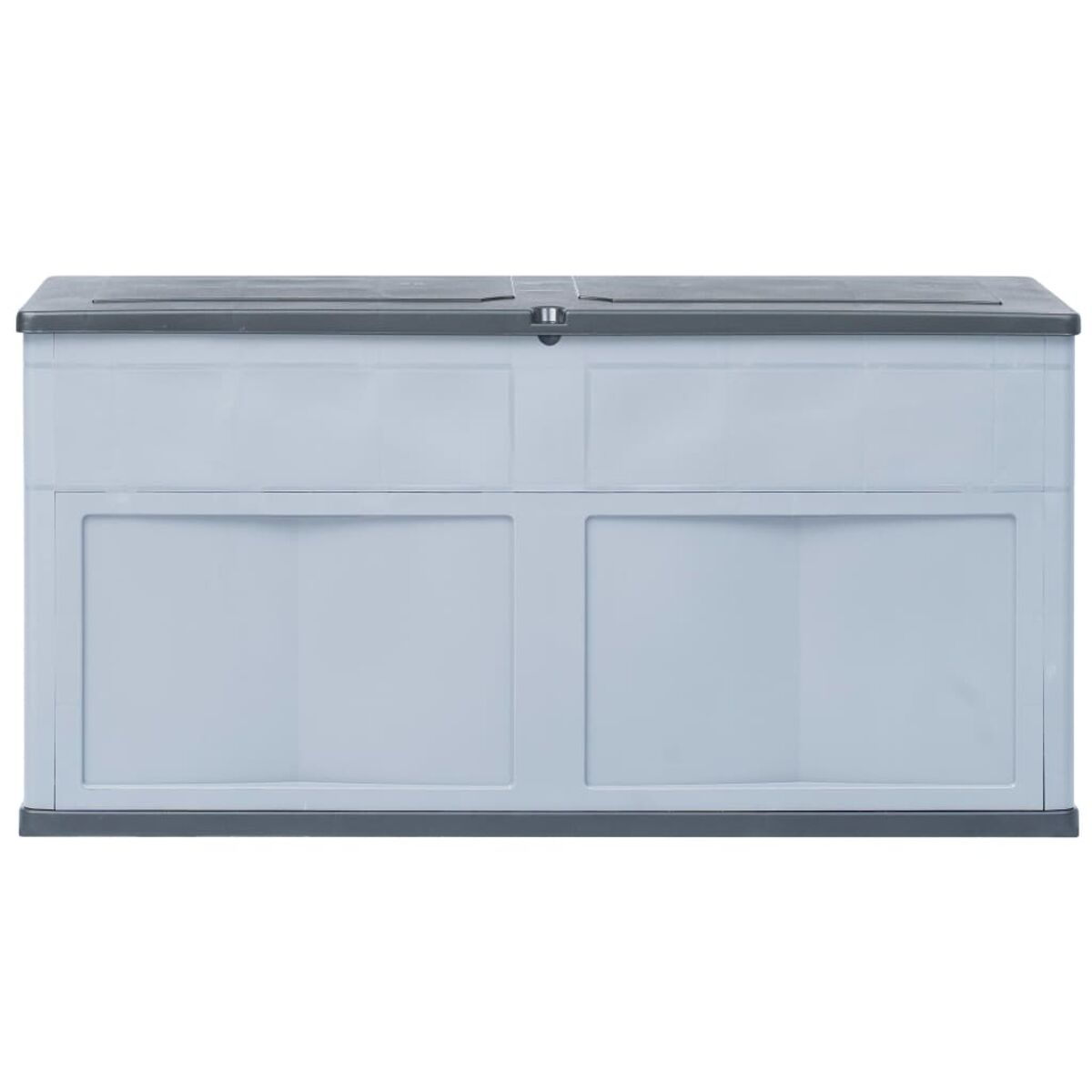 Hellgraue Kunststoff-Outdoor-Aufbewahrungsbox mit dunkelgrauem Deckel und Verschluss.