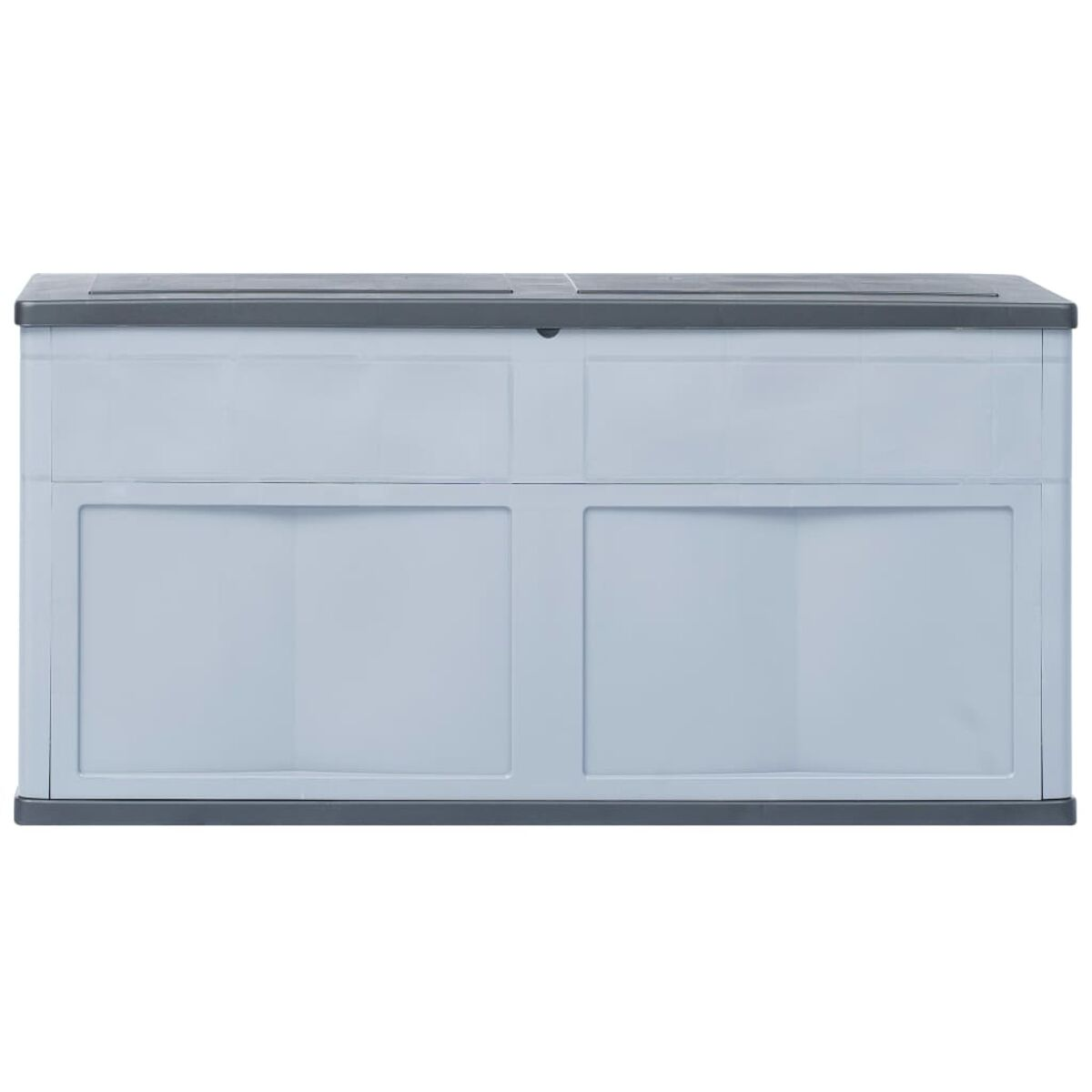 Eine hellblaue Aufbewahrungsbox für den Außenbereich mit dunkelgrauer Oberseite und Deckel.